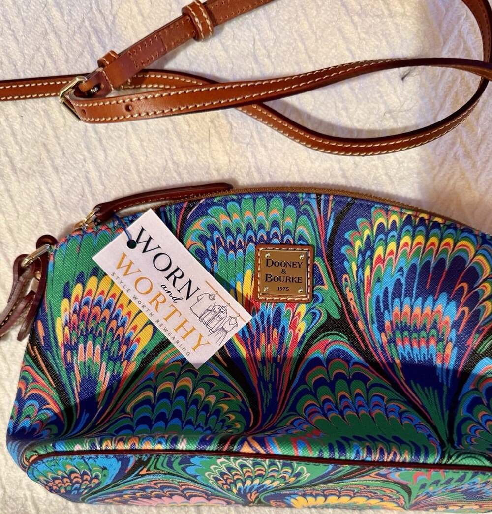 Dooney & Bourke Plumes Suki Crossbody Blue Multicolor Leather Like New